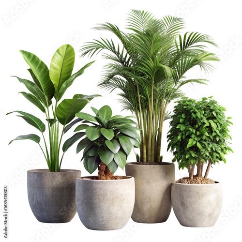 Diverse Potted Plants Collection on Transparent Background Bird of Paradise, Palm, Bush