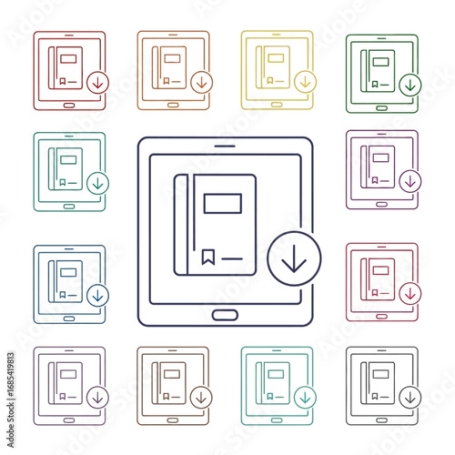 Digital Library: An array of tablets showcases a single ebook, downloading with a touch, the core concept of digital literacy and easy accessibility.