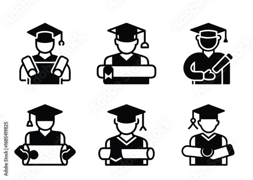 Collection of illustrated graduation portraits with degree scrolls and academic dress