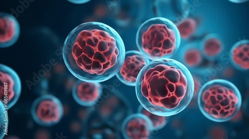 Clusters of glowing red cells enclosed in transparent blue membranes