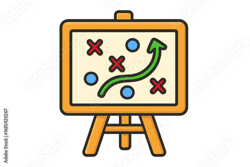 Strategy map with red crosses and blue dots on easel strategy planner board