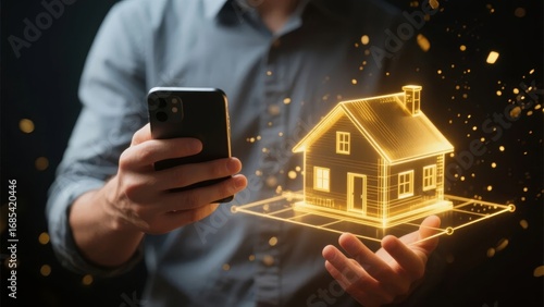Person holding smartphone with holographic house projection, symbolizing digital real estate or smart home technology.