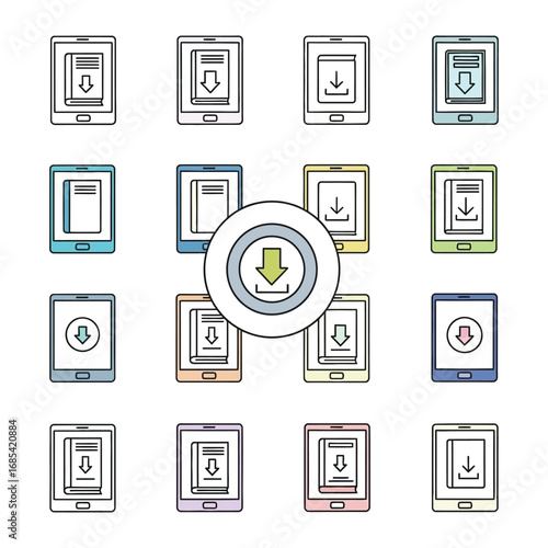E-book download icon sets: Captivating illustration with download symbol, e-book displays, in a variety of colors, ready to be used on digital platforms. 