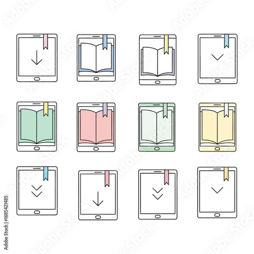Digital Library: An assortment of sleek tablet devices, each subtly depicting various stages of ebook interaction, from download initiation to the enjoyment of reading.