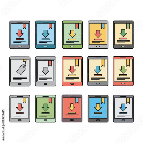 E-readers with Download Icons: A collection of colorful e-readers, each displaying a unique download icon. showcasing the versatility of e-books and digital content. 
