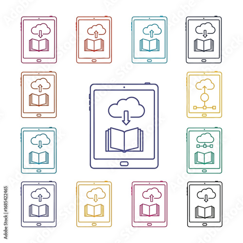 E-book Download: A series of artistic renditions of digital tablets, each adorned with an iconic image of a book, accompanied by a cloud, representing the modern convenience of e-books