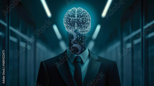 A figure in a business suit with a glowing digital brain for a head, standing in a futuristic server room.