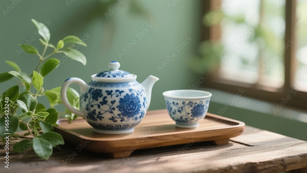 Fototapeta premium Blue and White Ceramic Teapot and Cup on a Wooden Tray with Greenery