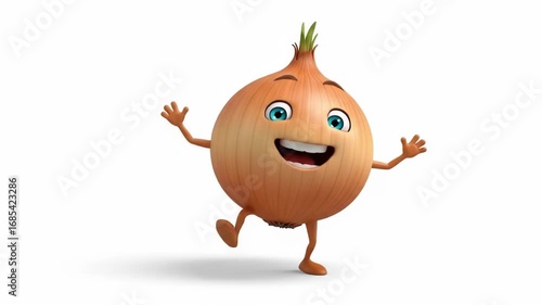 A cartoon onion with a happy expression and outstretched arms, depicted in a 3D style, is seen against a plain white background.  