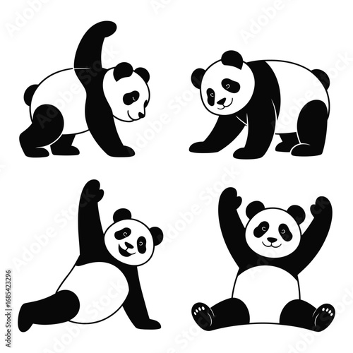 Black and white pandas in various poses bear animal