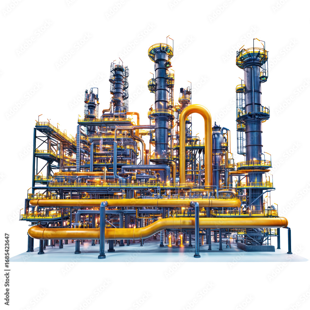 Fototapeta premium A creative representation of oil flowing through pipes into a large refinery facility, symbolizing the production process. full length isolate on transparent background