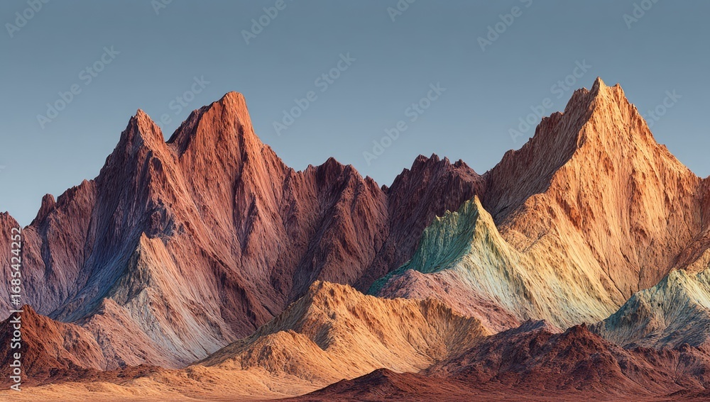 Naklejka premium A vibrant landscape showcases a range of colorful mountains against a pale sky, evoking a sense of serenity and vastness.