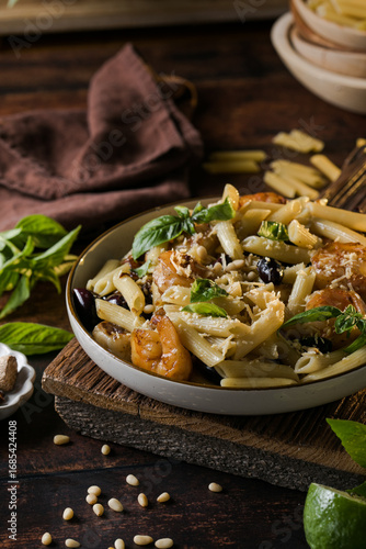 Italian pasta with shrimp and basil on plate, gourmet seafood dish