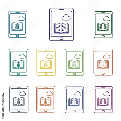 Digital Reading: A collection of colorful tablet device icons showcasing an open book with a cloud. It is a visual representation of knowledge