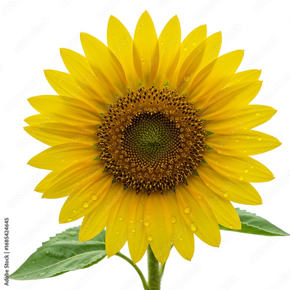 Naklejka premium A stunning shot of a golden sunflower, with its petals and leaves glistening with fresh water.