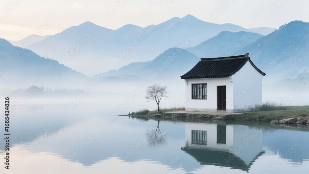 Fototapeta premium Traditional house by a serene lake with misty mountains in the background