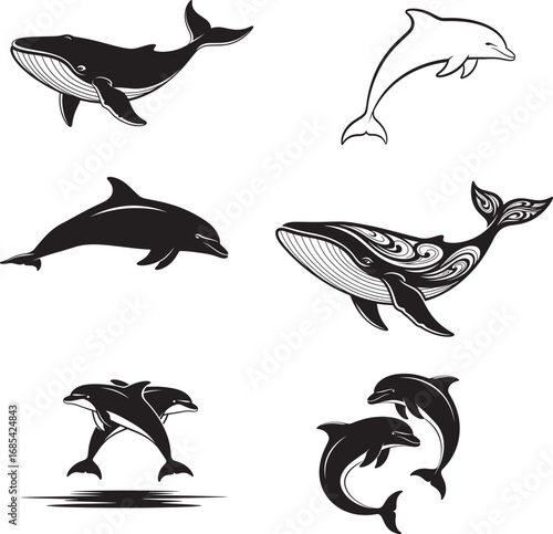 Simple black and white silhouettes of whales and dolphins