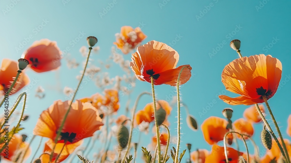 Obraz premium Beautiful orange poppy flowers field under blue sky floral photography nature background wallpaper image stock 100