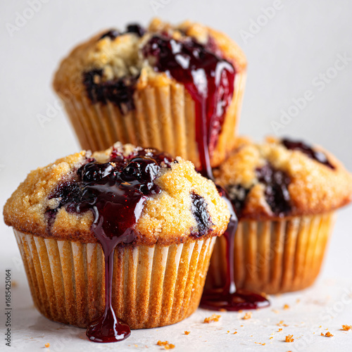 Wallpaper Mural Freshly baked muffins with a rich blueberry jam filling, jam oozing from the top, set against a clean white background. Torontodigital.ca