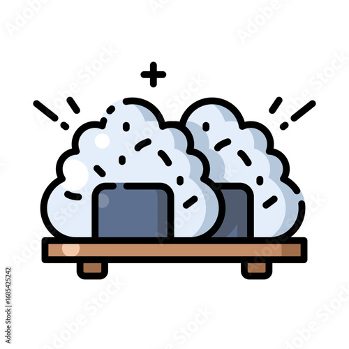 vector icon of two Japanese onigiri rice balls served on a wooden plate