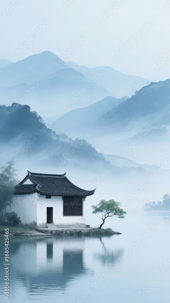 Fototapeta premium Traditional House by a Misty Lake with Distant Mountains