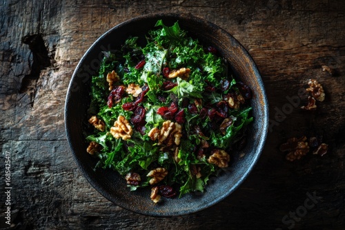 Moody Overhead Still Life of a Rustic Kale, Walnut, and Cranberry Salad.