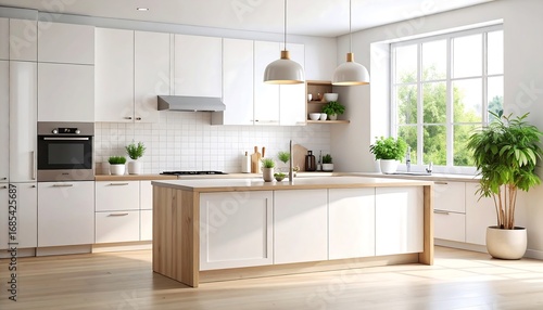 Modern white kitchen with wooden island