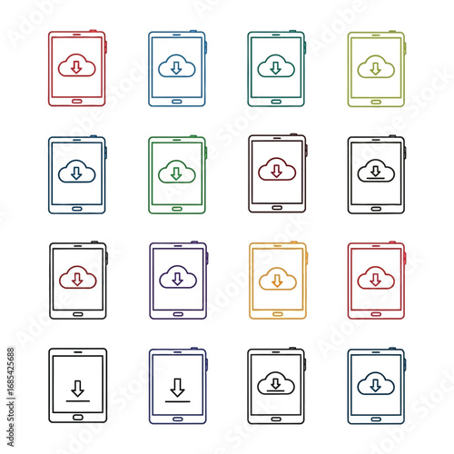 Digital Cloud and Downloading: A grid showcases various digital tablet icons, each featuring a cloud symbol and a downward arrow, representing the concept of downloading data or cloud storage.