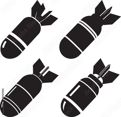 Four retro style bombs with fins and banding in a silhouette