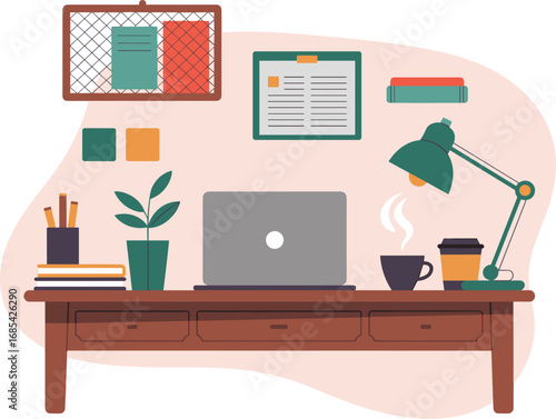 Office Desk with Laptop Coffee and Stationery Vector set illustation on white background