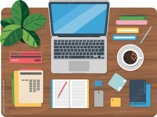 Office Desk with Laptop Coffee and Stationery Vector set illustation on white background