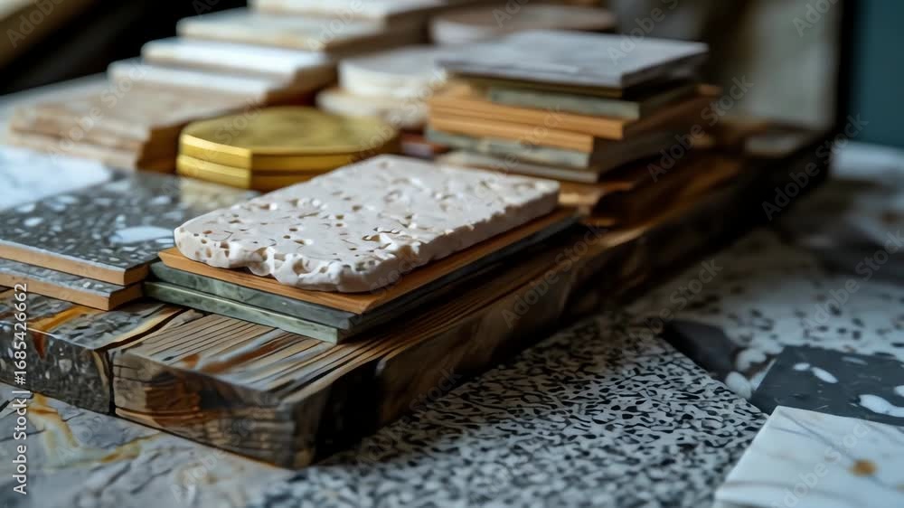 Samples of various patterned stone and textured materials arranged on wooden platforms Samples of various patterned stone and textured materials arranged on wooden platforms