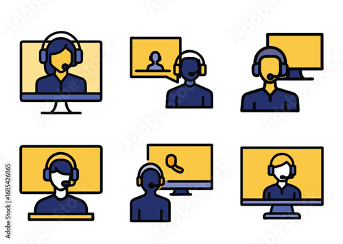 Customer service representatives support agents and help desk icons set flat design