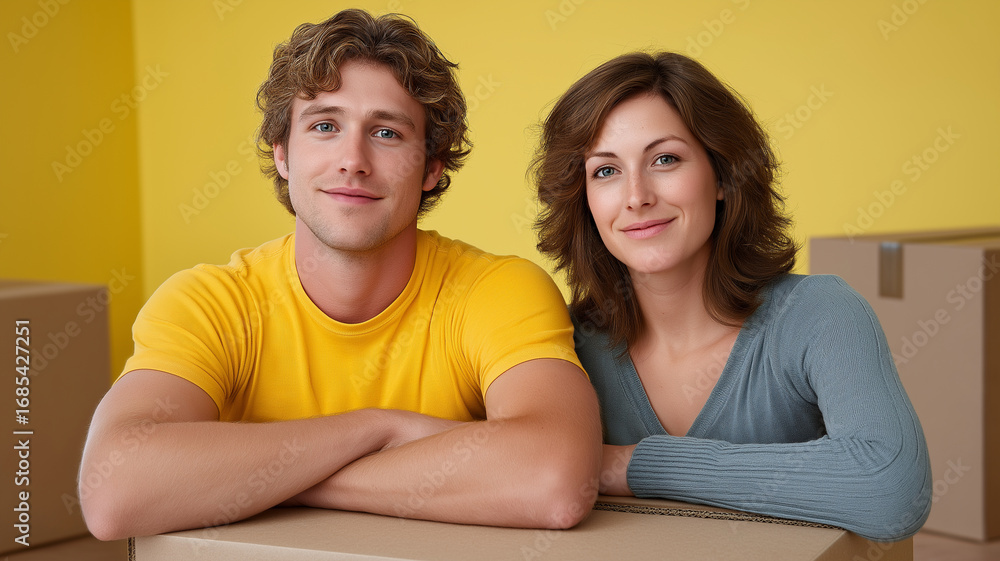 Fototapeta premium Happy young couple leaning casually on cardboard boxes in bright room with yellow walls, smiling confidently and enjoying moment of togetherness during moving or unpacking