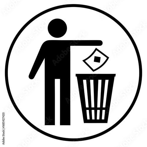 Waste Disposal Icon: A minimalist circular icon depicting a person correctly disposing of waste in a bin, promoting environmental awareness and responsible behavior.