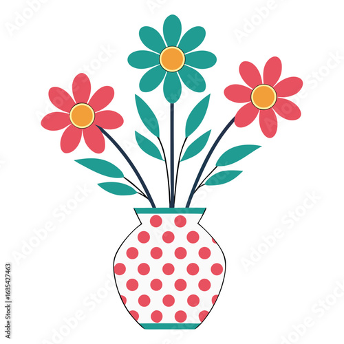Colorful Floral Arrangement: A vibrant, digitally crafted illustration featuring three cheerful flowers of red and turquoise hues, nestled in a polka-dotted vase.