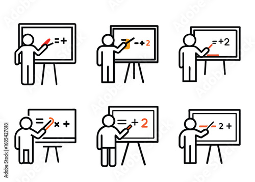 Illustrations depict individuals teaching math problems on whiteboards with different symbols