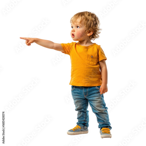 A little kid pointing to the side with one hand Showing something in the distance. full length isolate on transparent background