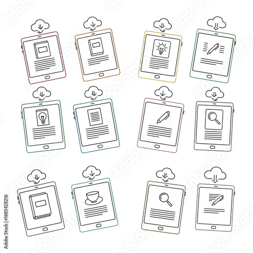Cloud Downloading eBooks Concept: A collection of digital tablets showcases cloud download icons with various apps indicating e-books, idea generation, writing tools, and search functionalities.