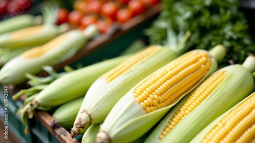 Fresh corn vegetable yellow green organic healthy farm market summer harvest with vibrant colors, ripe tomato, green onion, and leafy greens arranged on market stall showcasing natural produce