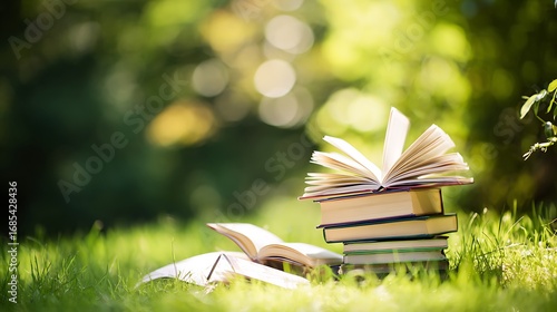 Stacked books sit open on lush green grass in a natural garden setting