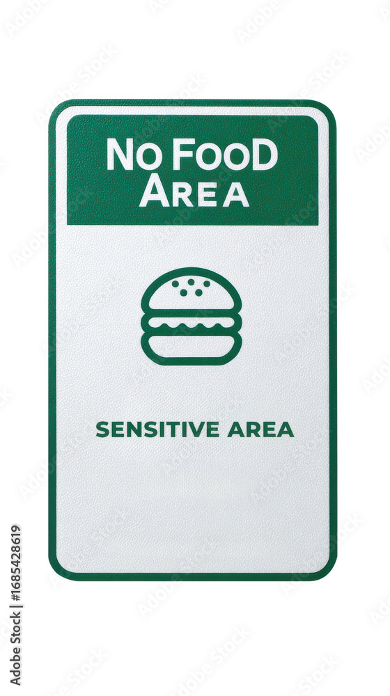 Naklejka premium A sign indicating a no food area, featuring a hamburger icon and the text