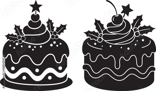 Two festive christmas cakes decorated with holly and stars silhouette