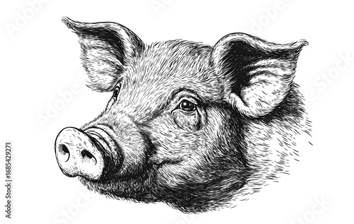 Wallpaper Mural Pig, hog, boar. Vintage retro print, black white pig sketch ink pencil style drawing, linear drawing, engrave old school. Sketch artwork silhouette pig, hog, boar. Side view profile. Illustration Torontodigital.ca