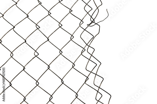 The texture of the metal mesh on a white background. Torn steel, metal mesh with holes