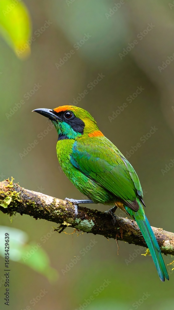 Obraz premium Vibrant green and yellow bird perched on a branch in a lush forest