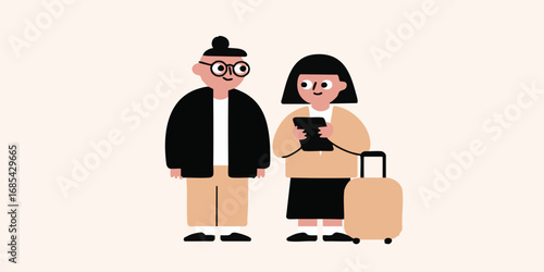 A couple reviews travel itinerary, anticipating their upcoming adventure, luggage in tow.