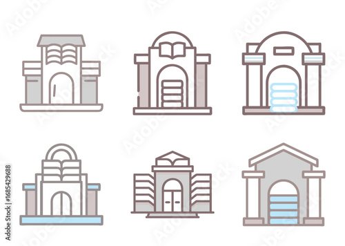 Architectural icon set showcasing building facades in outline style and neutral tones