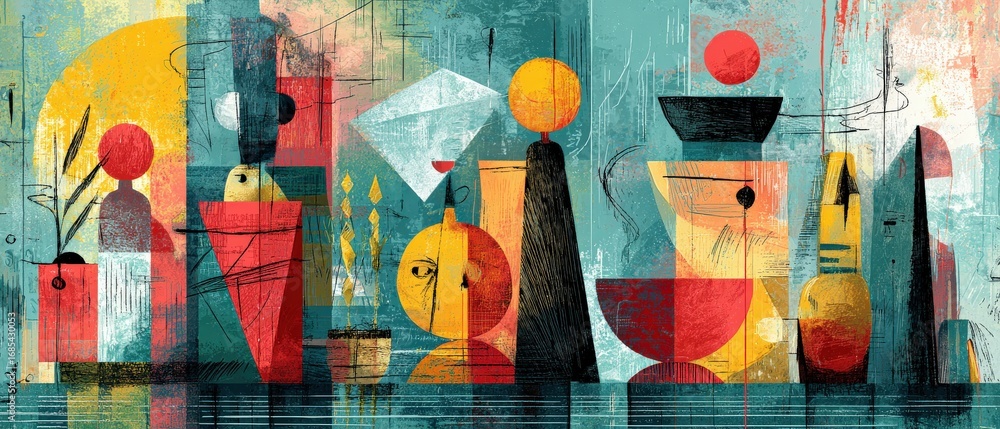Obraz premium Colorful abstract midcentury modern art with geometric shapes and vibrant colors Retro illustration with a textured background and unique design elements