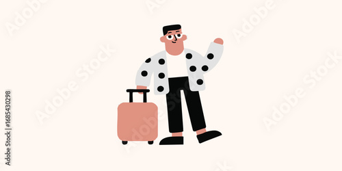A stylish individual prepares for travel, cheerfully waving goodbye as they embark on a journey with their luggage.